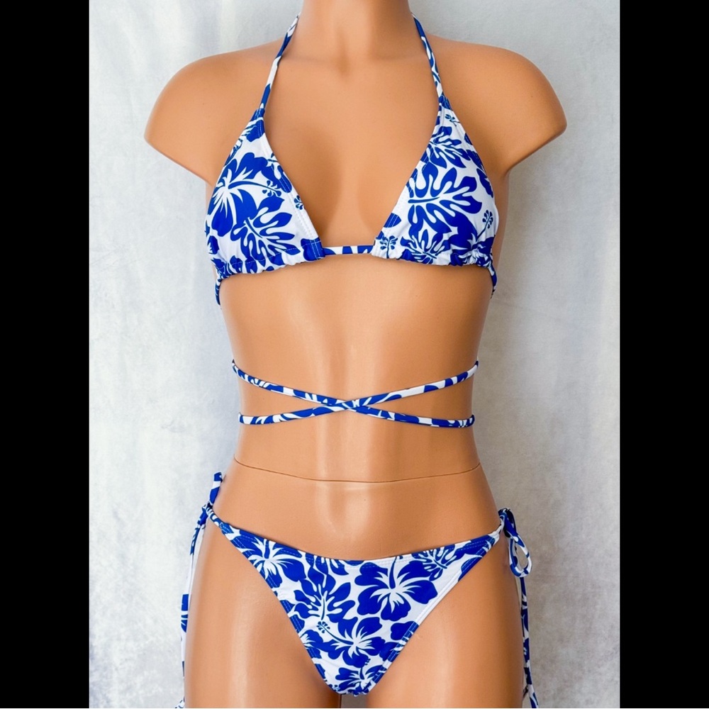 Blue & White, Tropical, Strapped, Bikini Set